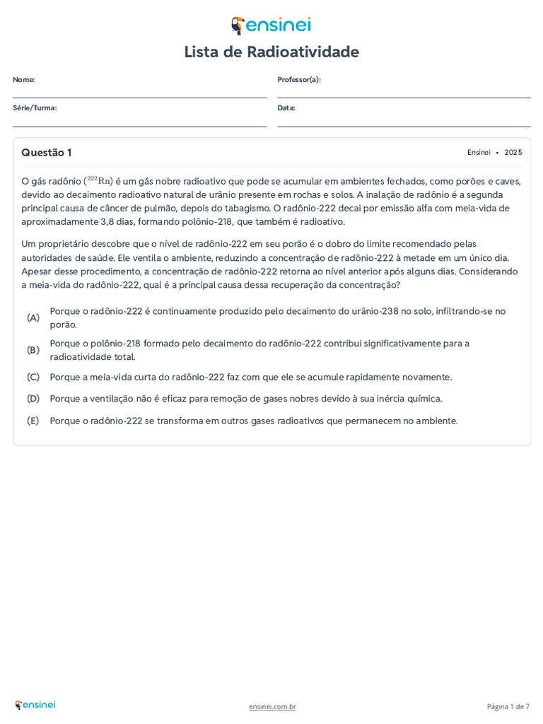 Questões sobre Radioatividade e Saúde | PDF | Radioatividade | Radiação