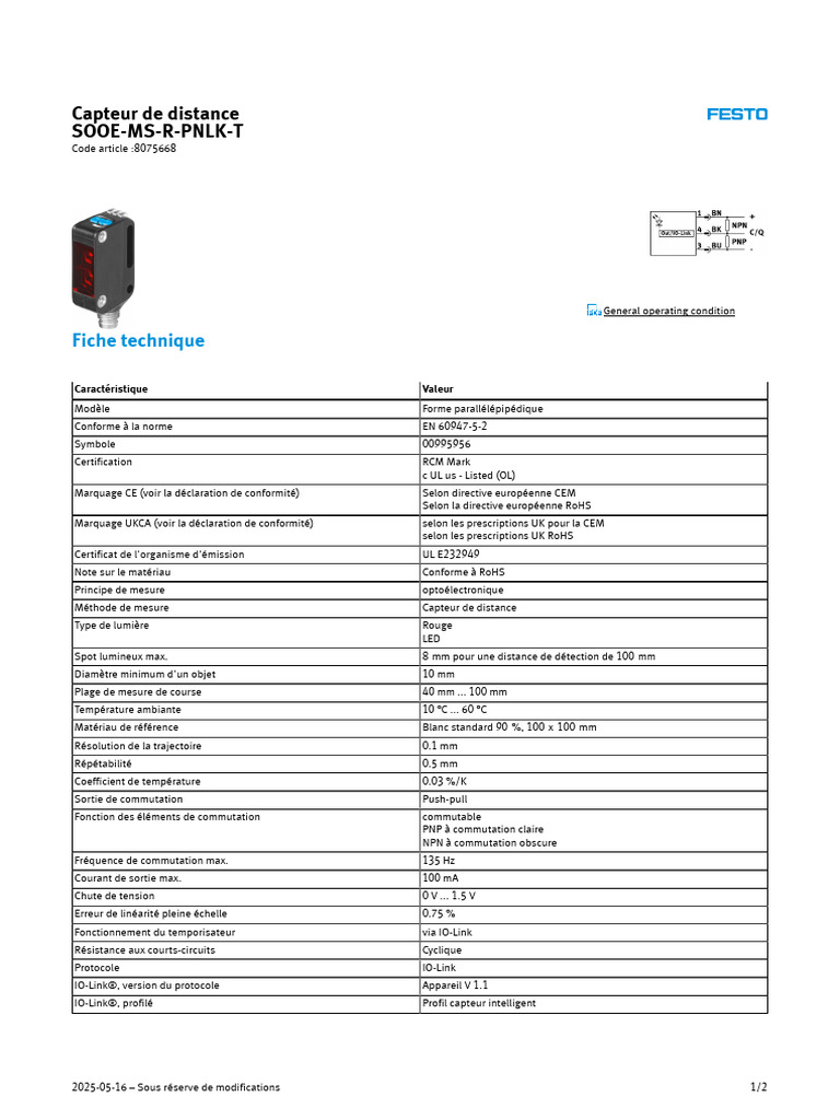 Capteur de distance optoélectronique SOOE-MS-R | PDF | Connectique ...