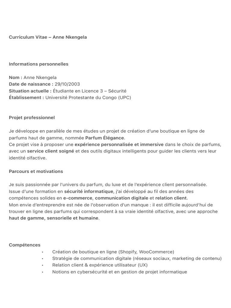 CV d'Anne Nkengela : Étudiante en Sécurité | PDF