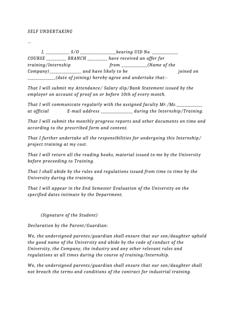Internship Self Undertaking Agreement | PDF | Justice | Crime & Violence