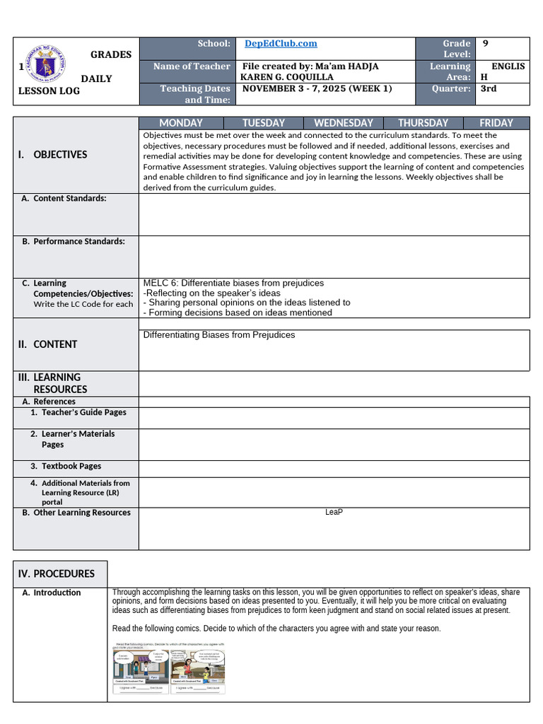 English 9 Weekly Lesson Plan | PDF | Teachers | Learning