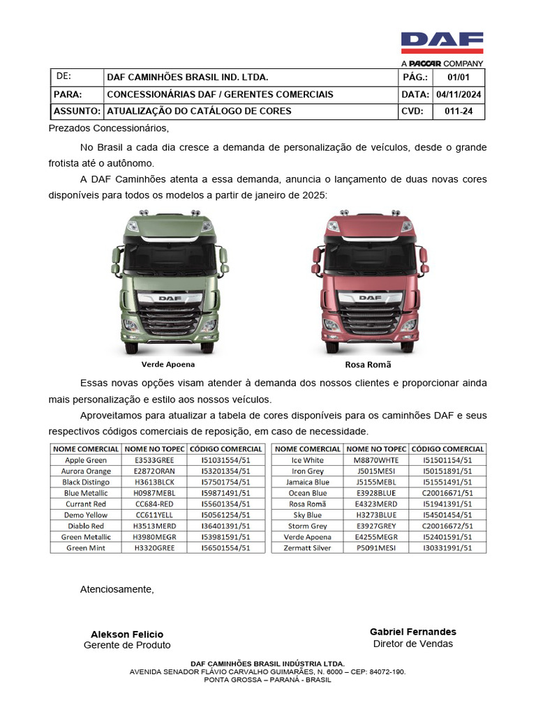 Atualização do Catálogo de Cores DAF | PDF