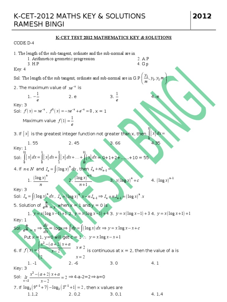 2012 Maths Cet Solutions Sine Trigonometric Functions