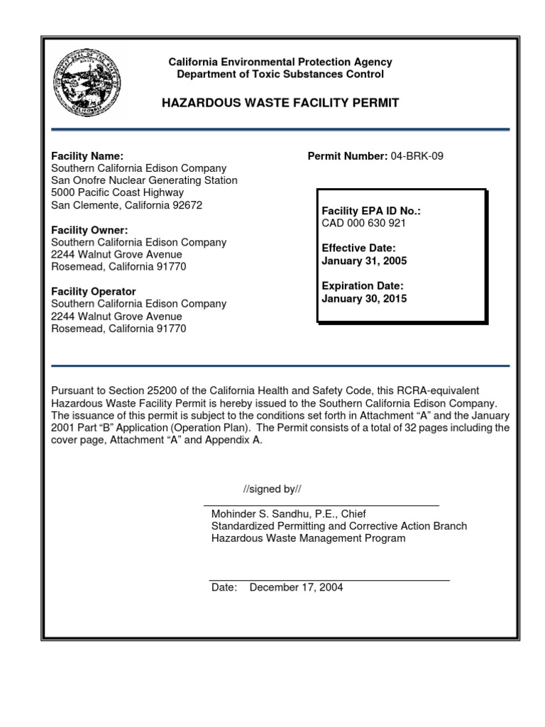 Hazardous Waste Facility Permit Issued To The Southern California