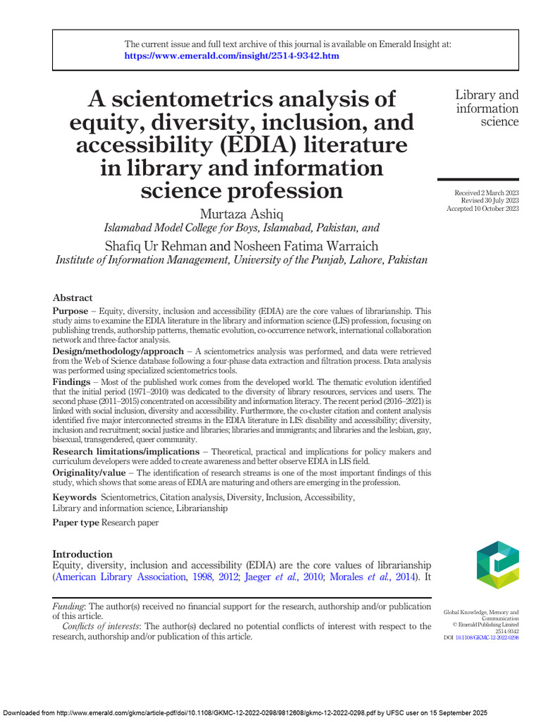 A Scientometrics Analysis of Equity, Diversity, Inclusion, and ...