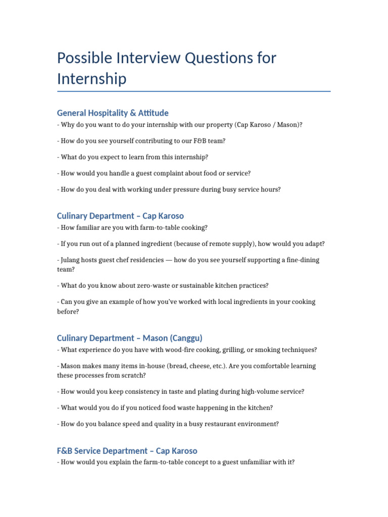 Internship Interview Questions for F&B | PDF | Restaurants | Cooking