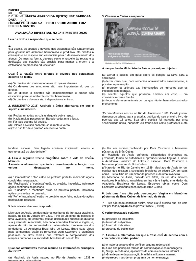 Avaliação de Língua Portuguesa 2025 | PDF