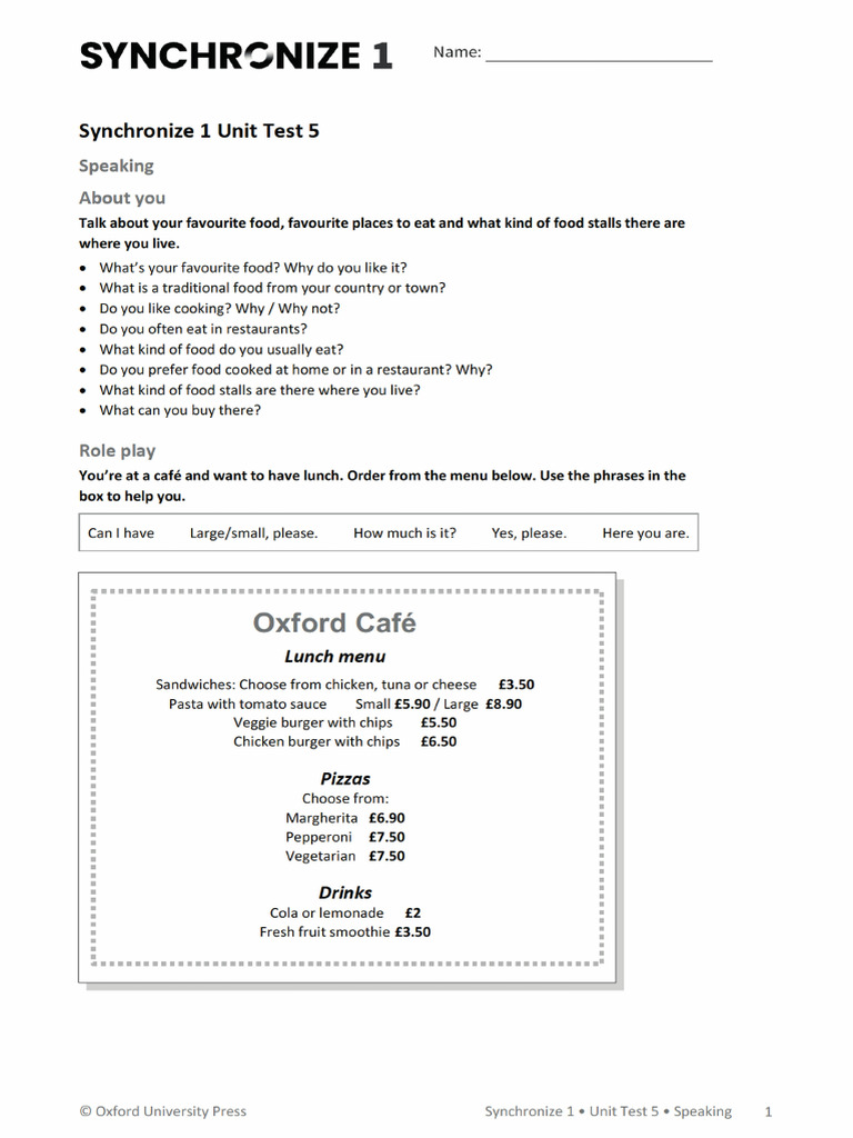 SYNC1 - Unit 5. Speaking Test. Demo | PDF