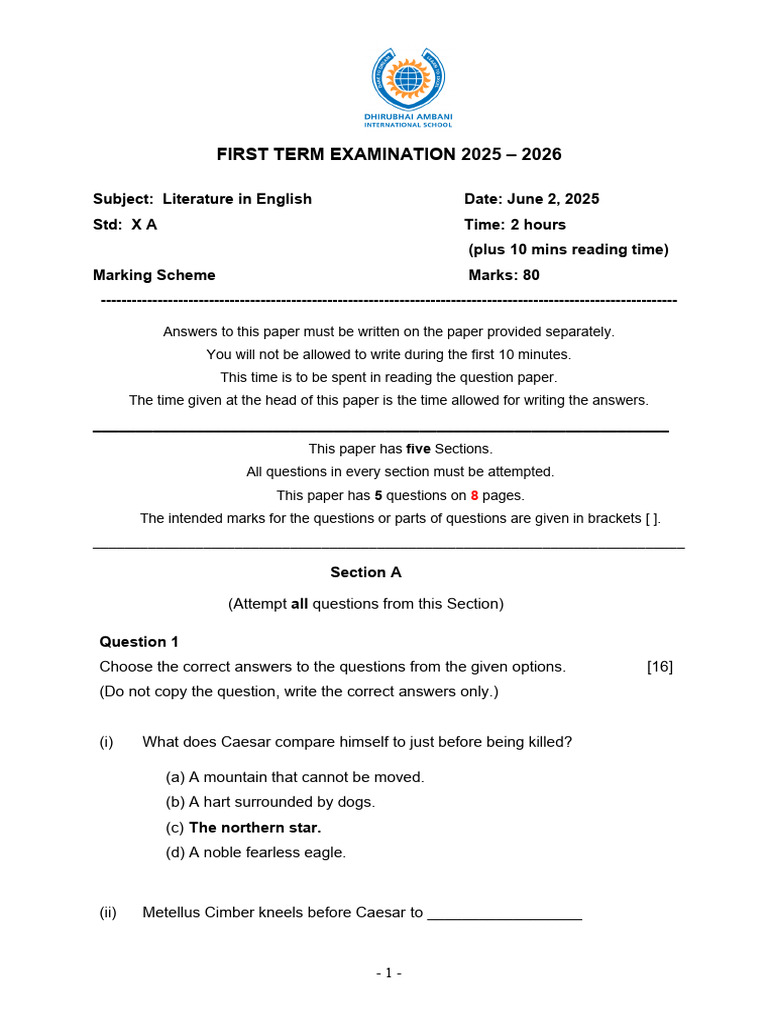 10A Eng Lit First Term Exam 25-26 MS | PDF | Mark Antony | Julius Caesar
