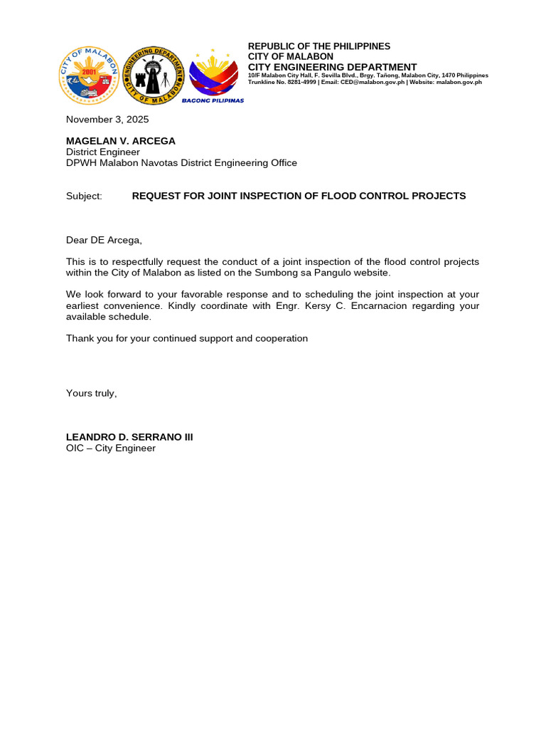 Malabon Flood Control Project Inspection Request | PDF