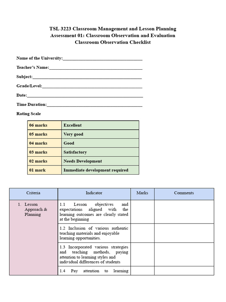 Classroom Observation Checklist Template | PDF | Classroom | Teachers