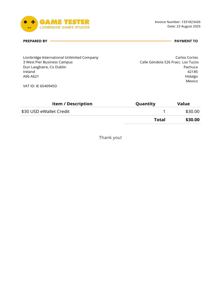 Invoice 1331823426 for eWallet Credit | PDF