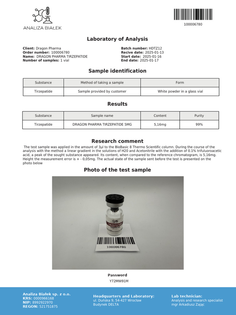 Tirzepatide Analysis Report for Dragon Pharma | PDF | Laboratory Techniques