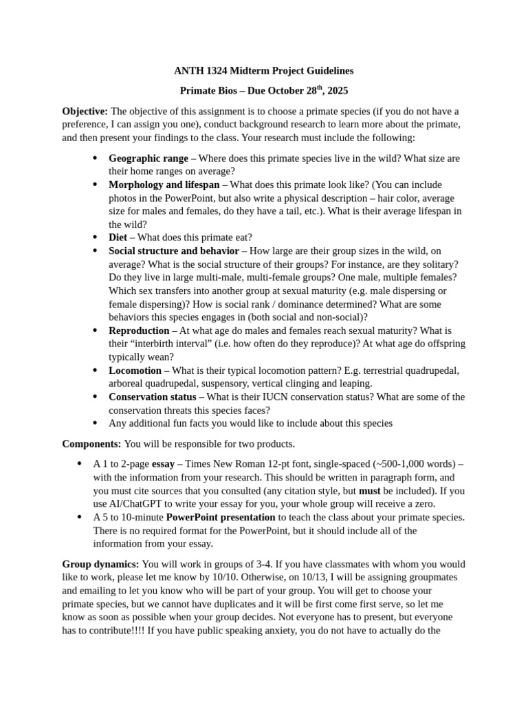 ANTH 1324 Midterm Project Guidelines | PDF | Zoology | Biology