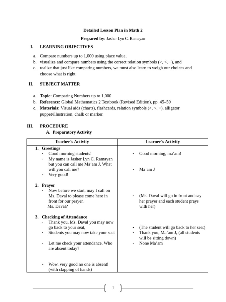 Math Lesson Plan: Comparing Numbers | PDF