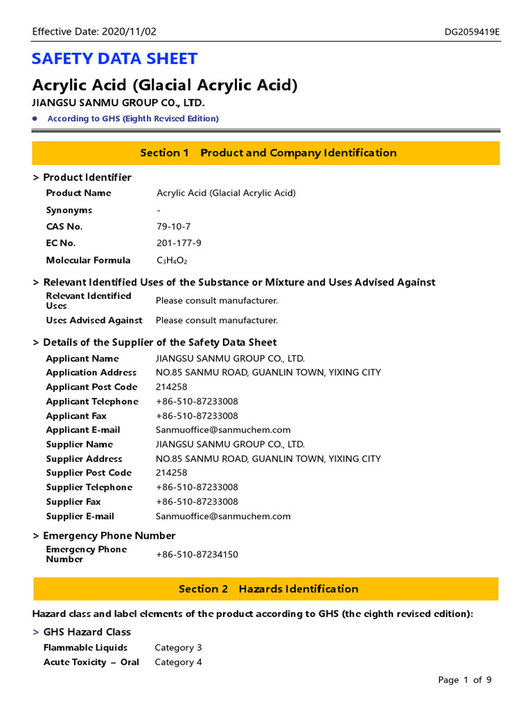 Aa SDS | PDF | Toxicity | Dangerous Goods