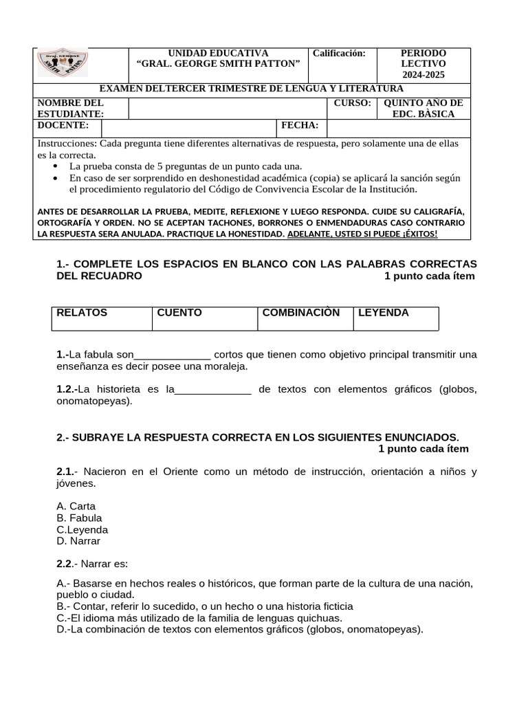 Examen Lengua y Literatura 5to Año 2024-2025 | PDF