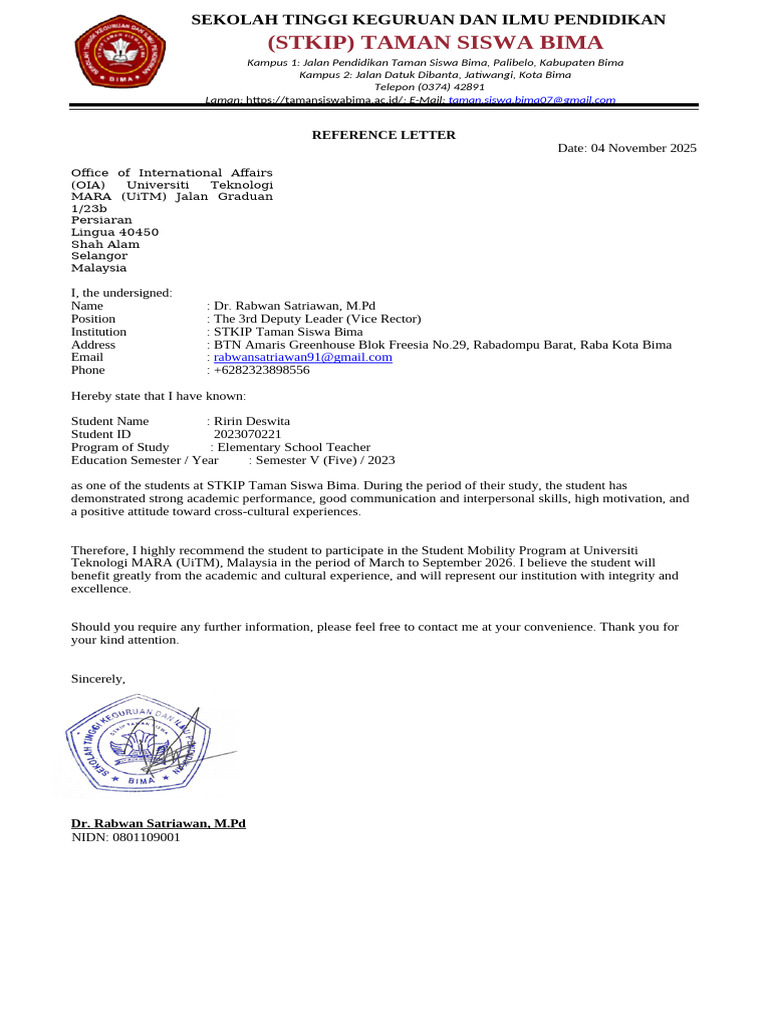 Reference Letter (1) Ririn Deswita | PDF