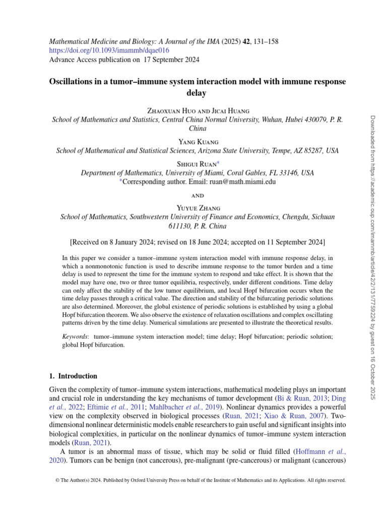 Tumor-Immune Model with Delay Dynamics | PDF | Immune System | Neoplasms