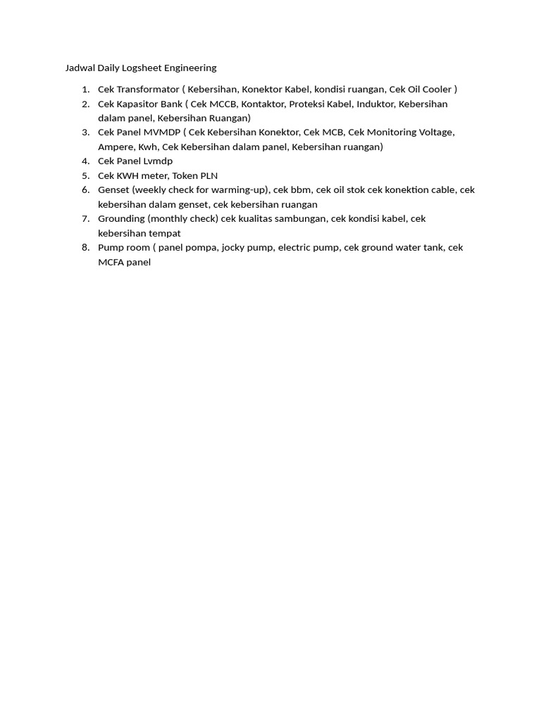 Jadwal Daily Logsheet Engineering | PDF