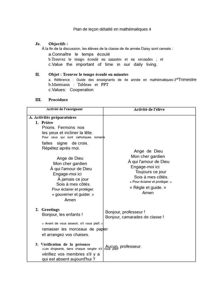 Leçon sur le temps écoulé en mathématiques | PDF
