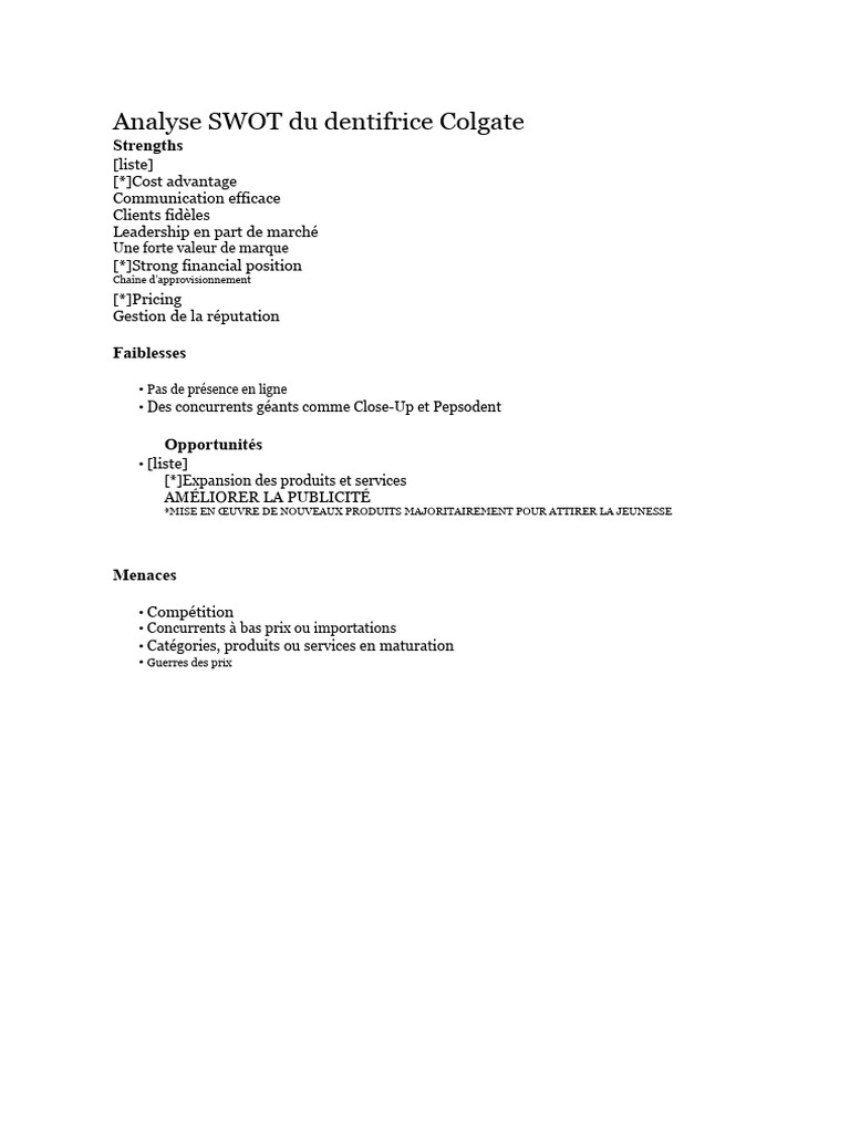 Analyse SWOT du dentifrice Colgate | PDF | Commercialisation | Économie