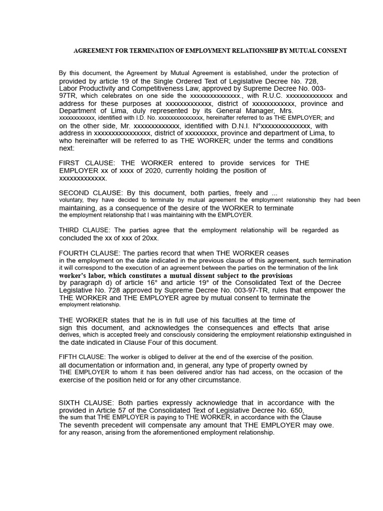Mutual Employment Termination Agreement | PDF | Employment | Consent