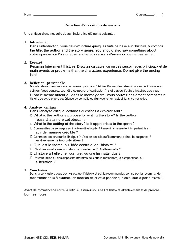Guide pour rédiger une critique de nouvelle | PDF