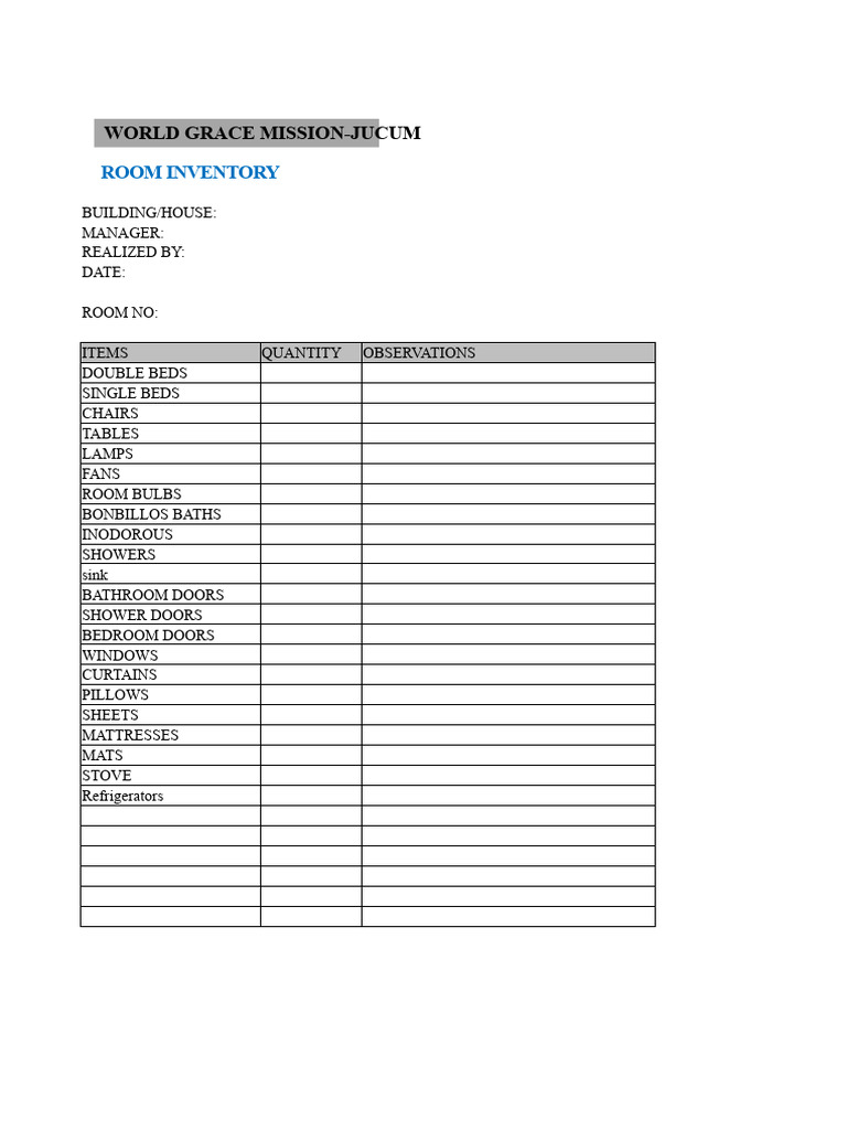 Room Inventory for World Grace Mission | PDF