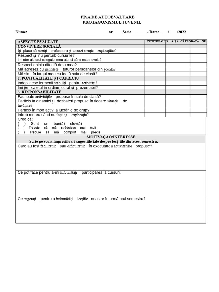 Fisa de Autoevaluare PJ | PDF