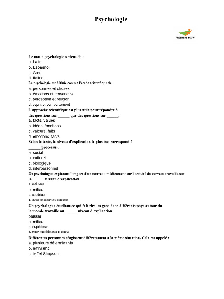 Introduction à la psychologie et ses concepts | PDF | Psychologie ...