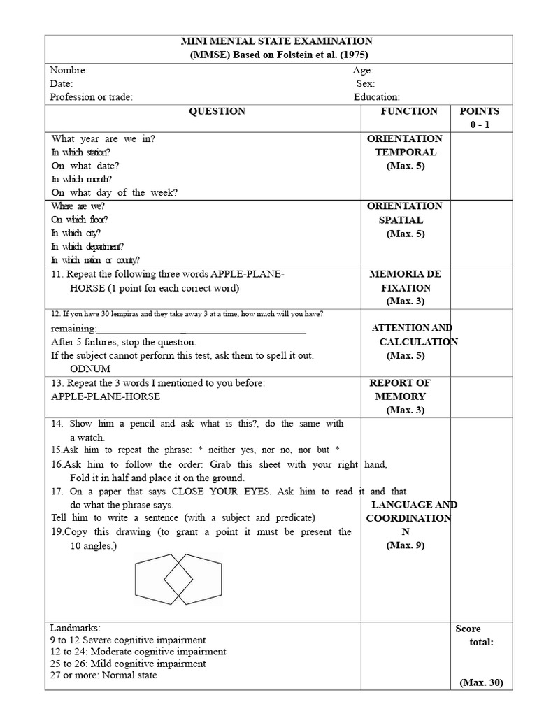 MMSE Test Sample Template | PDF | Mental Processes | Cognitive Psychology