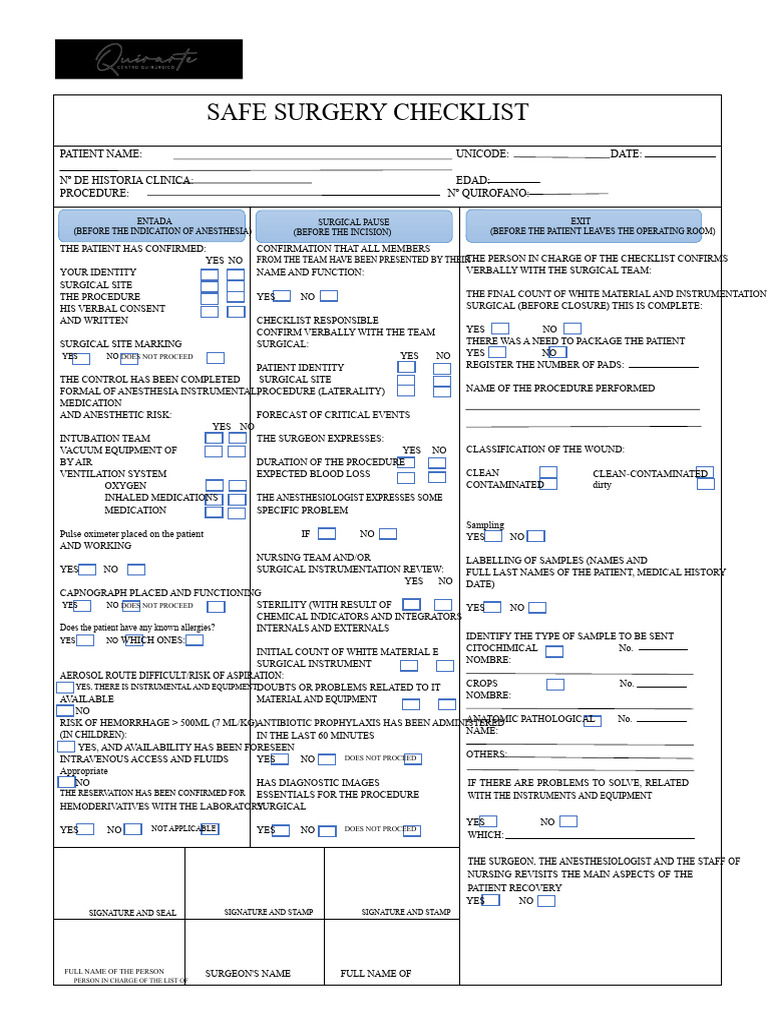Safe Surgery Checklist Template | PDF | Surgery | Anesthesia