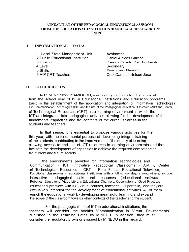 Annual Plan of The Classroom of Pedagogical Innovation | PDF ...