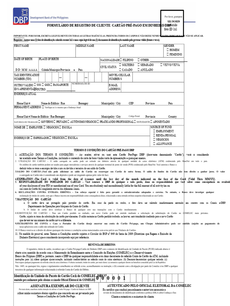 Formulário de Registro Cartão Pré-Pago DBP | PDF | Cheque (banco ...