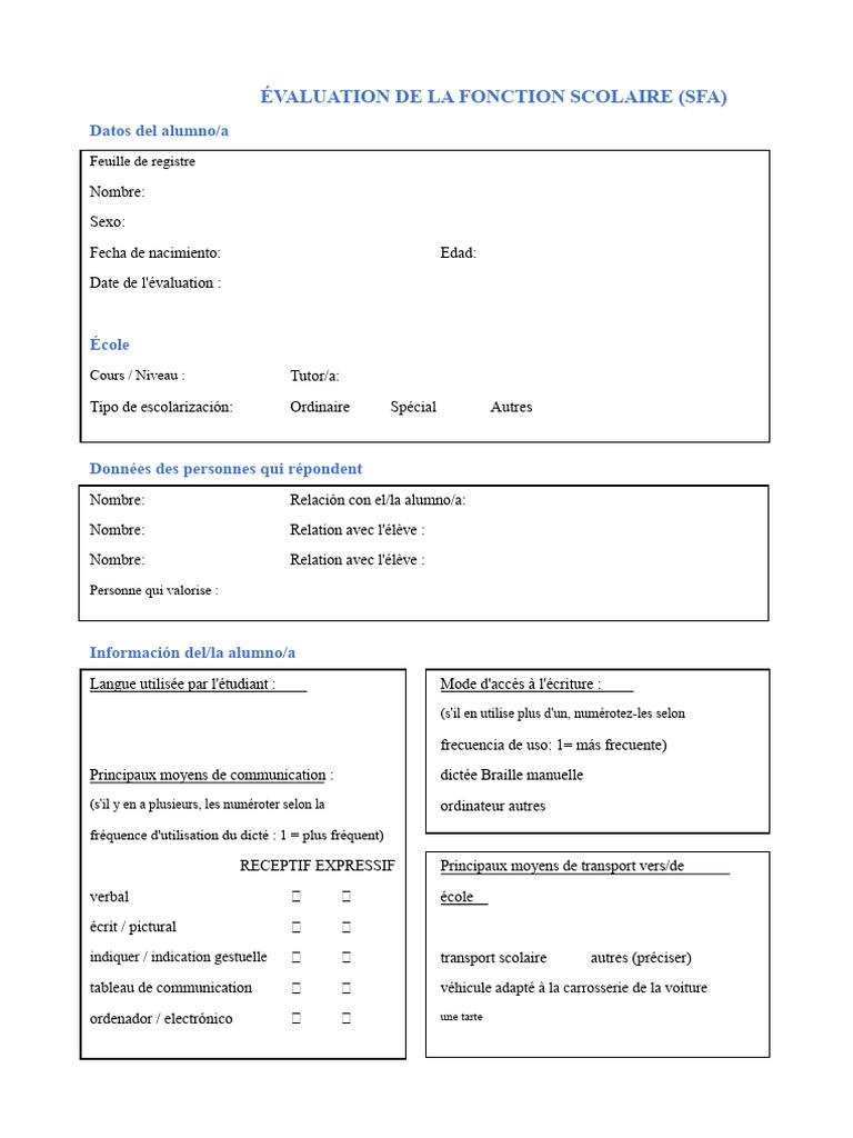 Évaluation de la Fonction Scolaire (SFA) | PDF | Fauteuil roulant | Papier