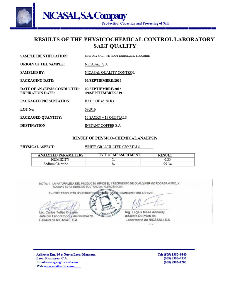 NICASAL Salt Quality Analysis Report | PDF