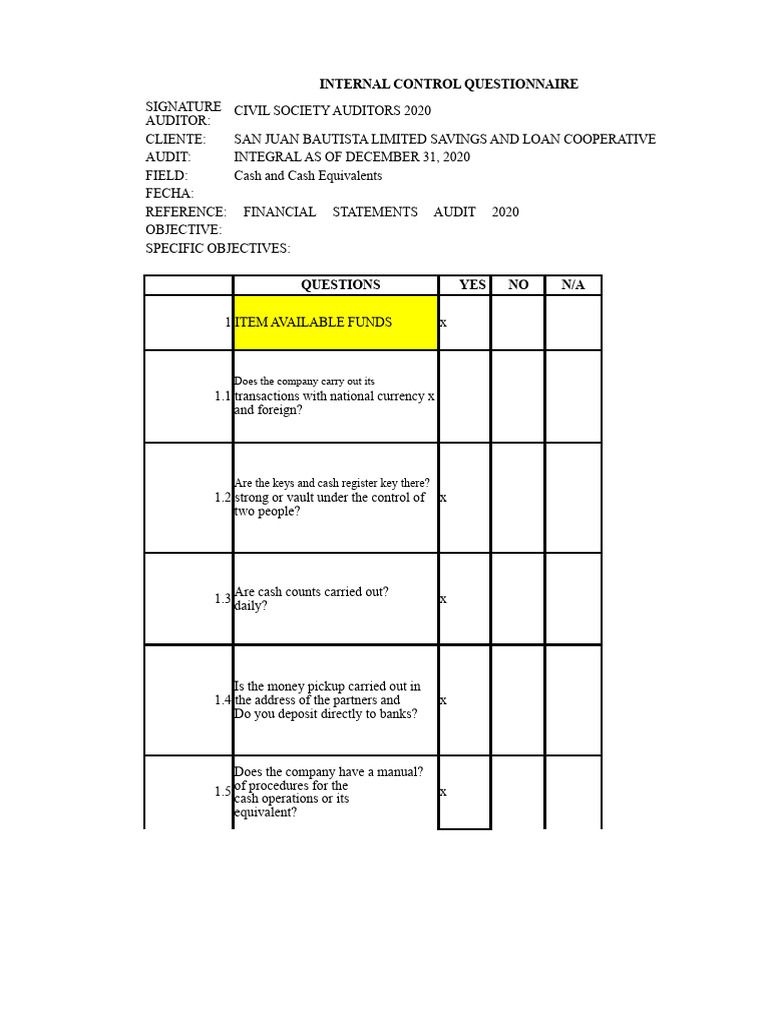 Internal Control Questionnaire Pdf Internal Control Audit