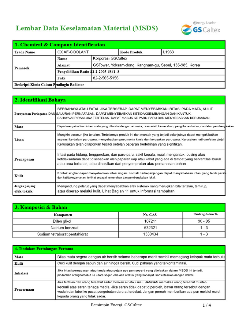 MSDS CX AF-COOLANT: Bahaya & Penanganan | PDF
