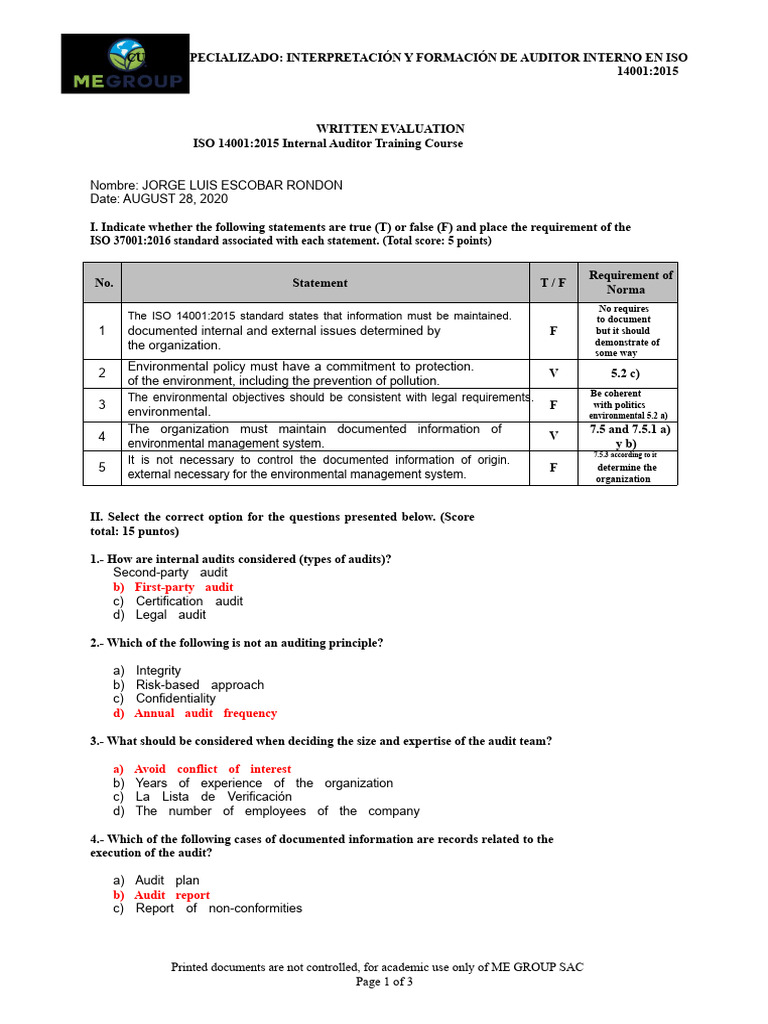 Internal Auditor Evaluation Iso 14001.215 | PDF | Audit | Internal Audit