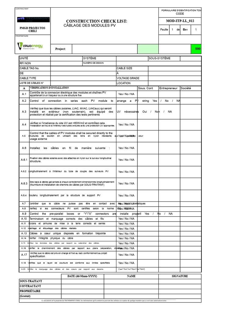 Checklist de câblage des modules PV | PDF | Électronique | Équipement