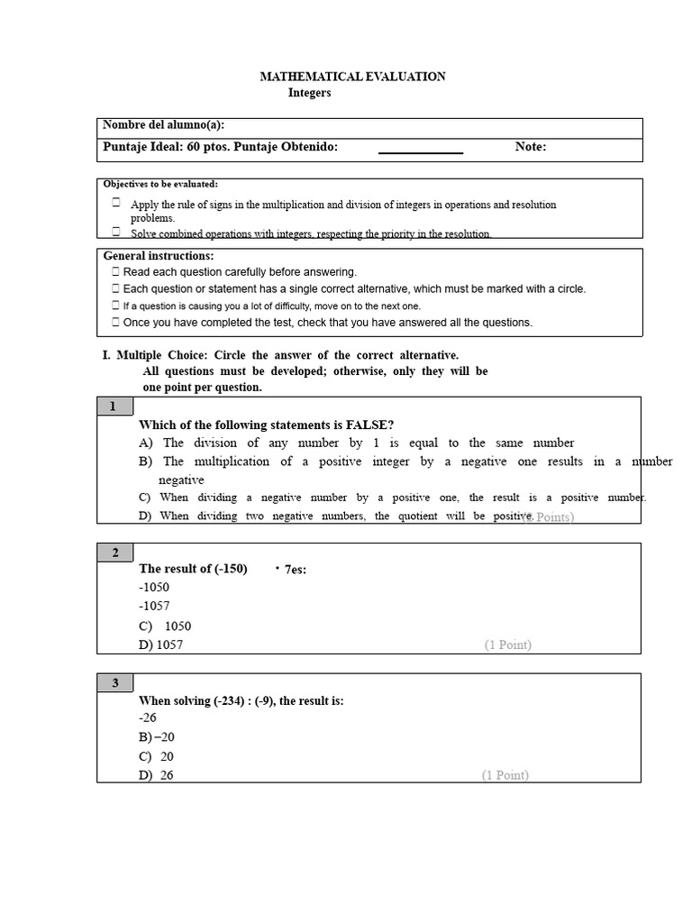 Integer Operations Evaluation Test | PDF | Numbers | Multiple Choice