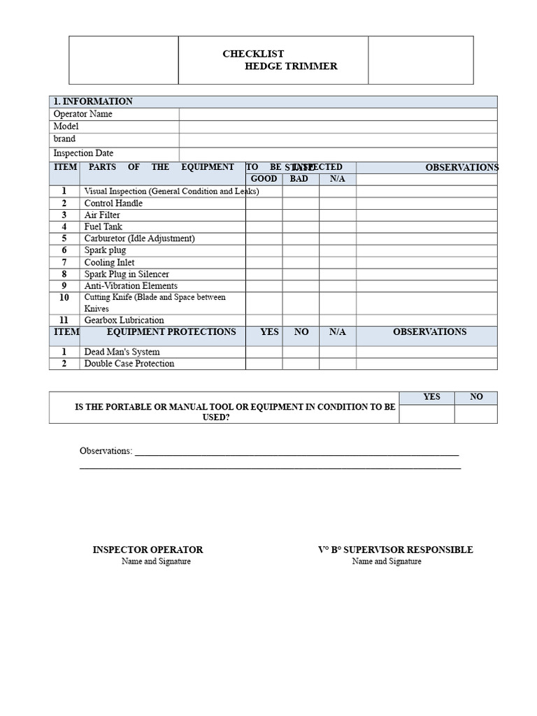Hedge Trimmer Inspection Checklist | PDF