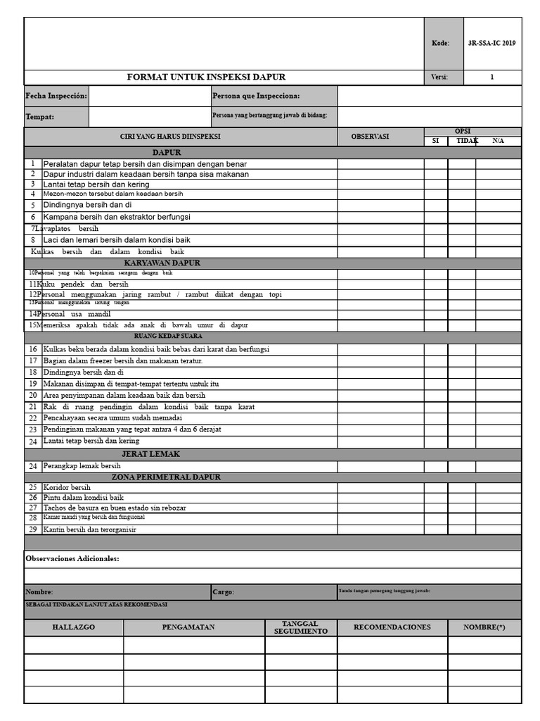 Format Inspeksi Dapur 2019 | PDF