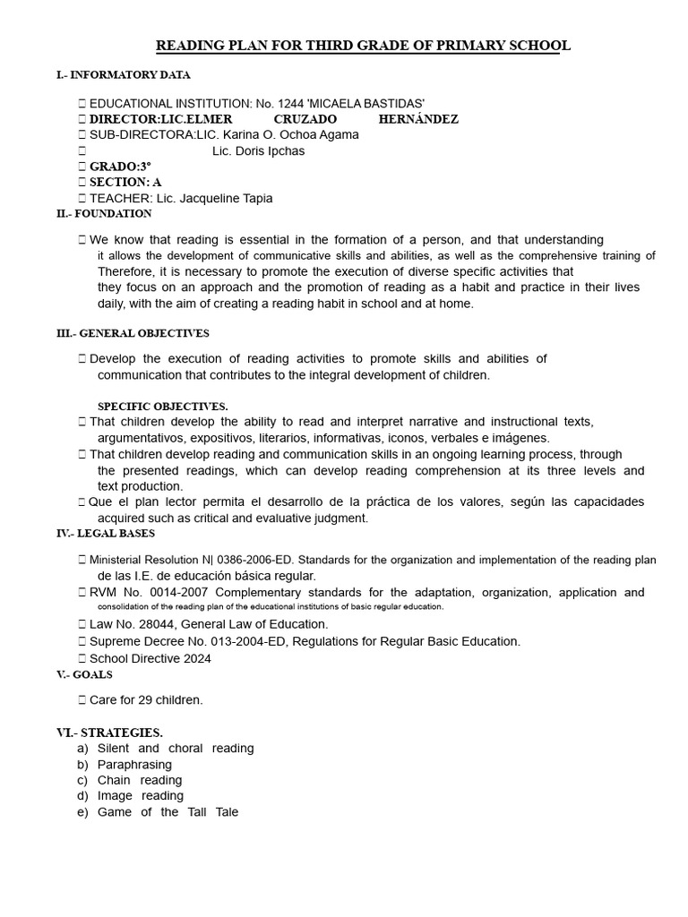 Reading Plan For Third Grade of Primary School | PDF | Cognition | Learning