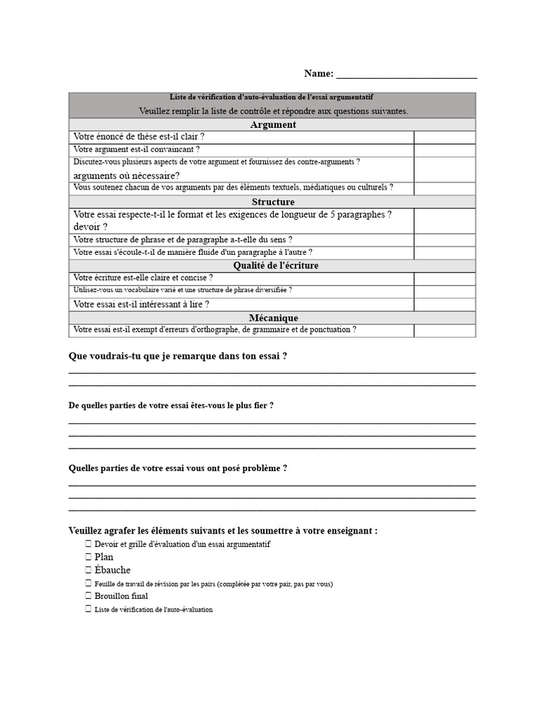 Checklist d'auto-évaluation d'essai argumentatif | PDF | Linguistique ...