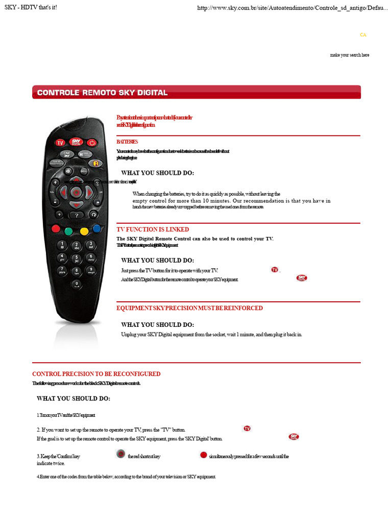 SKY Digital Remote Control Setup Guide | PDF