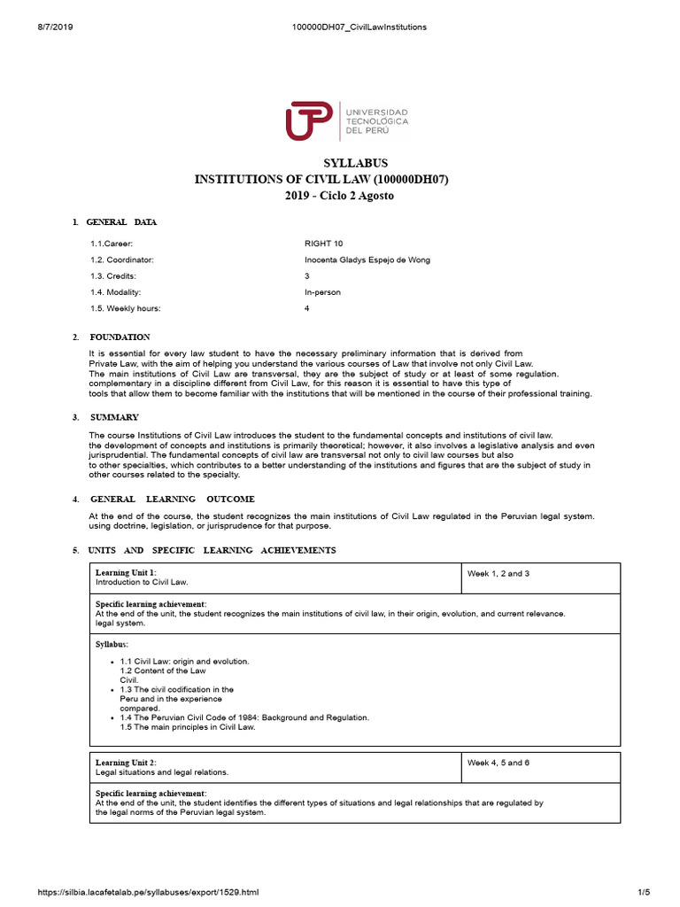 Institutions of Civil Law Syllabus 2019 | PDF | Civil Law (Legal System ...