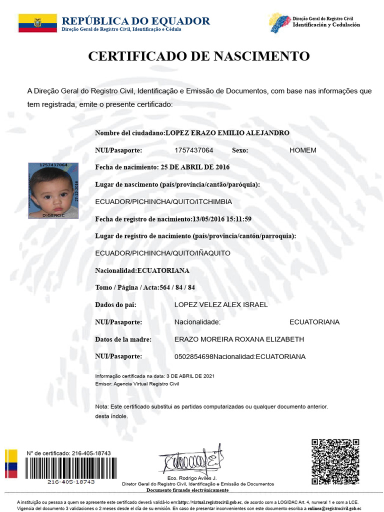 Certificado de Nascimento do Equador | PDF | Equador | Governo e ...