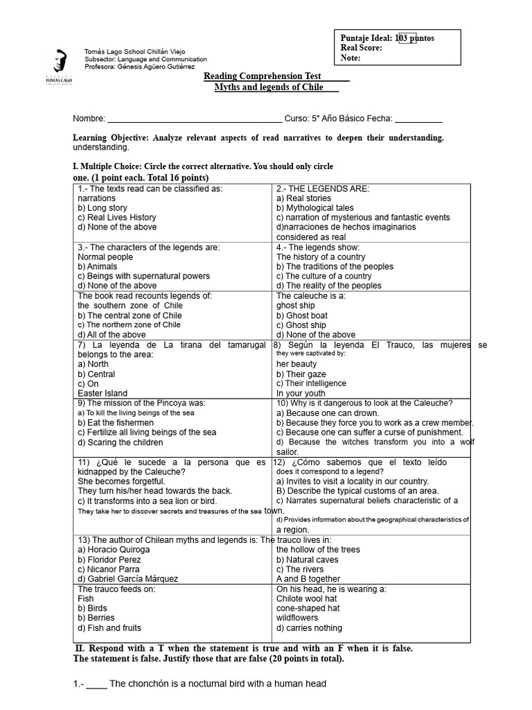Reading Comprehension: Chilean Myths Test | PDF | Legends | Narrative